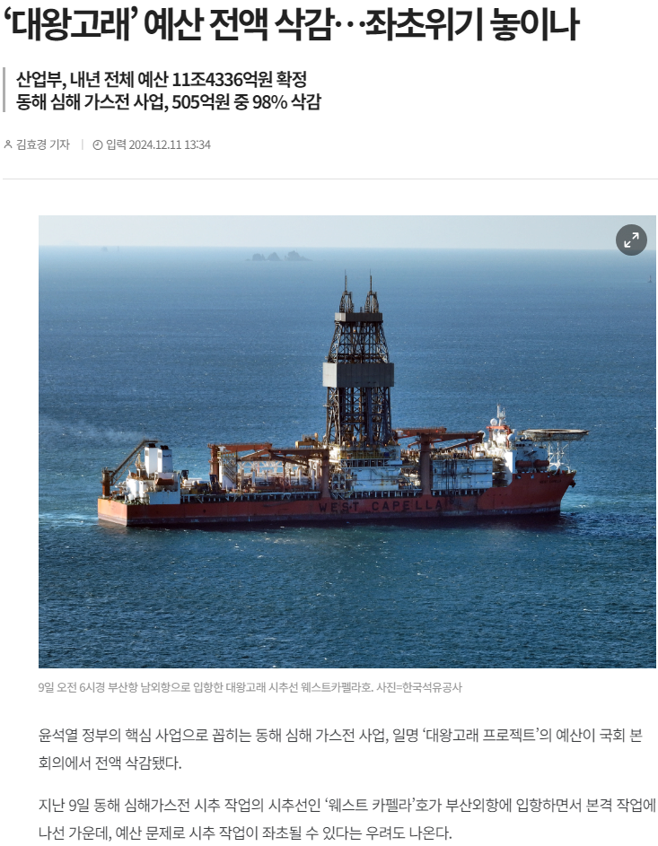 20241211_171127.png 동해 심해 유전 \'대왕고래\' 예산 전액 삭감…좌초위기 놓이나