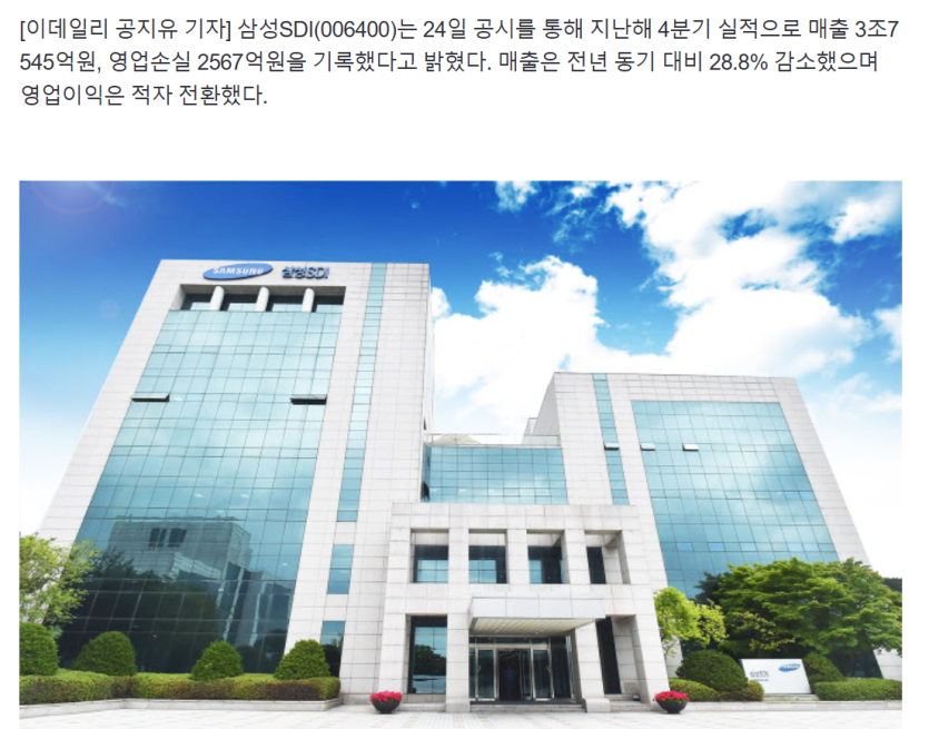 image.png [속보]삼성SDI, 4Q 영업손실 2567억원…적자 전환